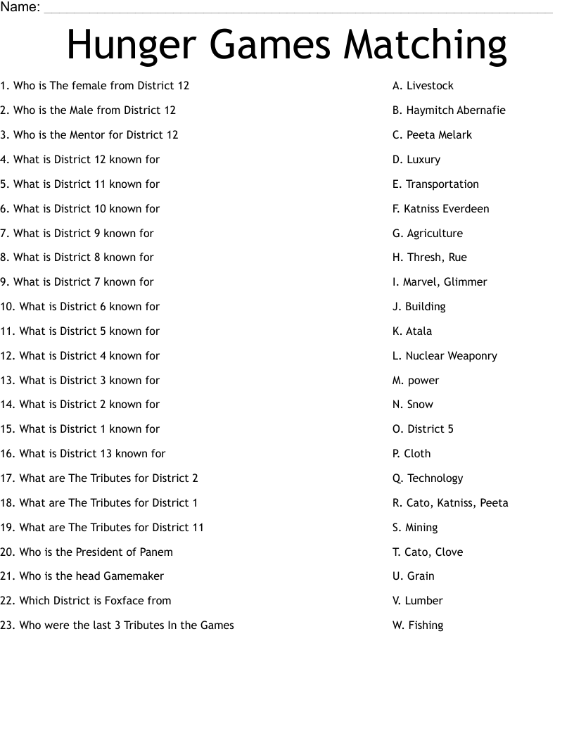 Hunger Games Matching Worksheet