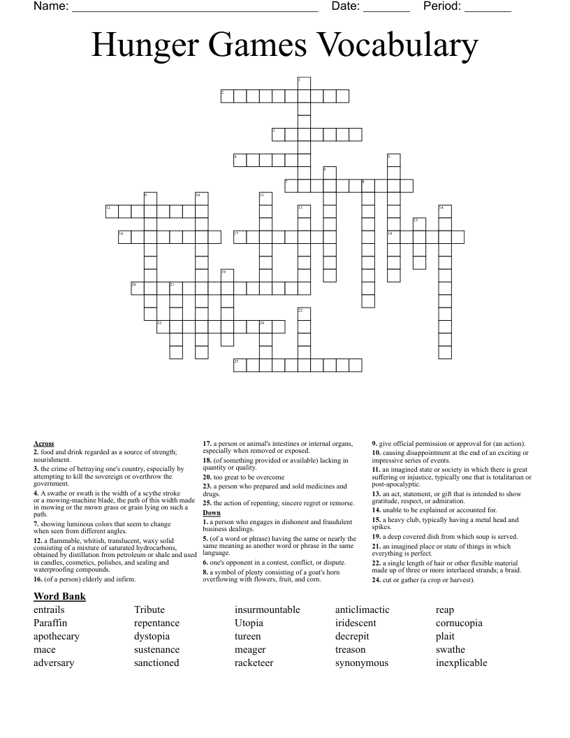 Hunger Games Vocabulary Crossword