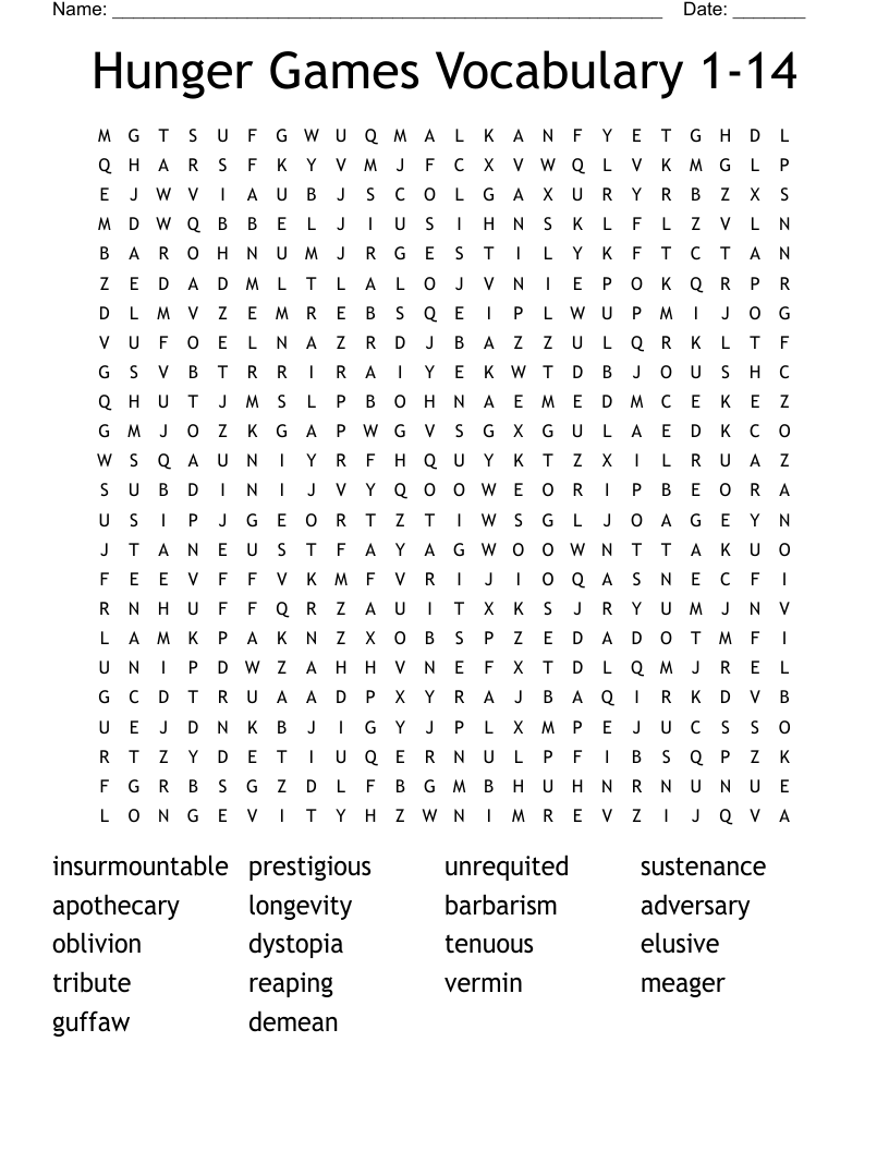 Hunger Games Vocabulary 1-14 Word Search