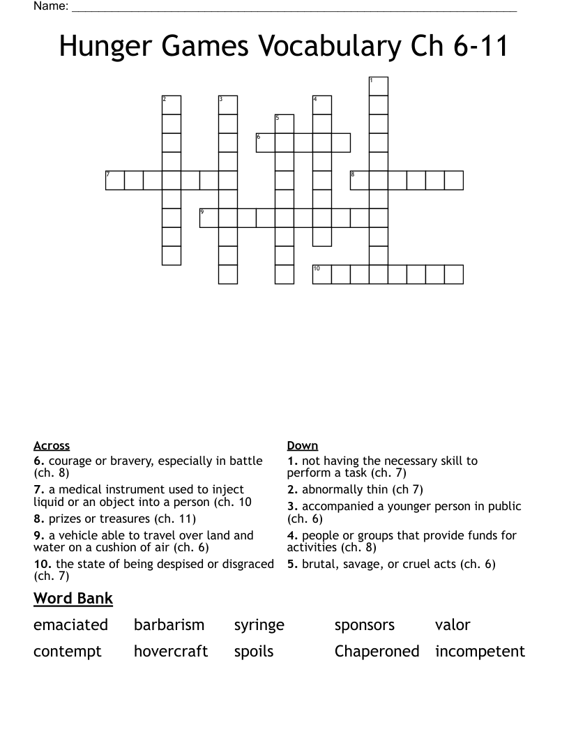 Hunger Games Vocabulary Ch 6-11 Crossword
