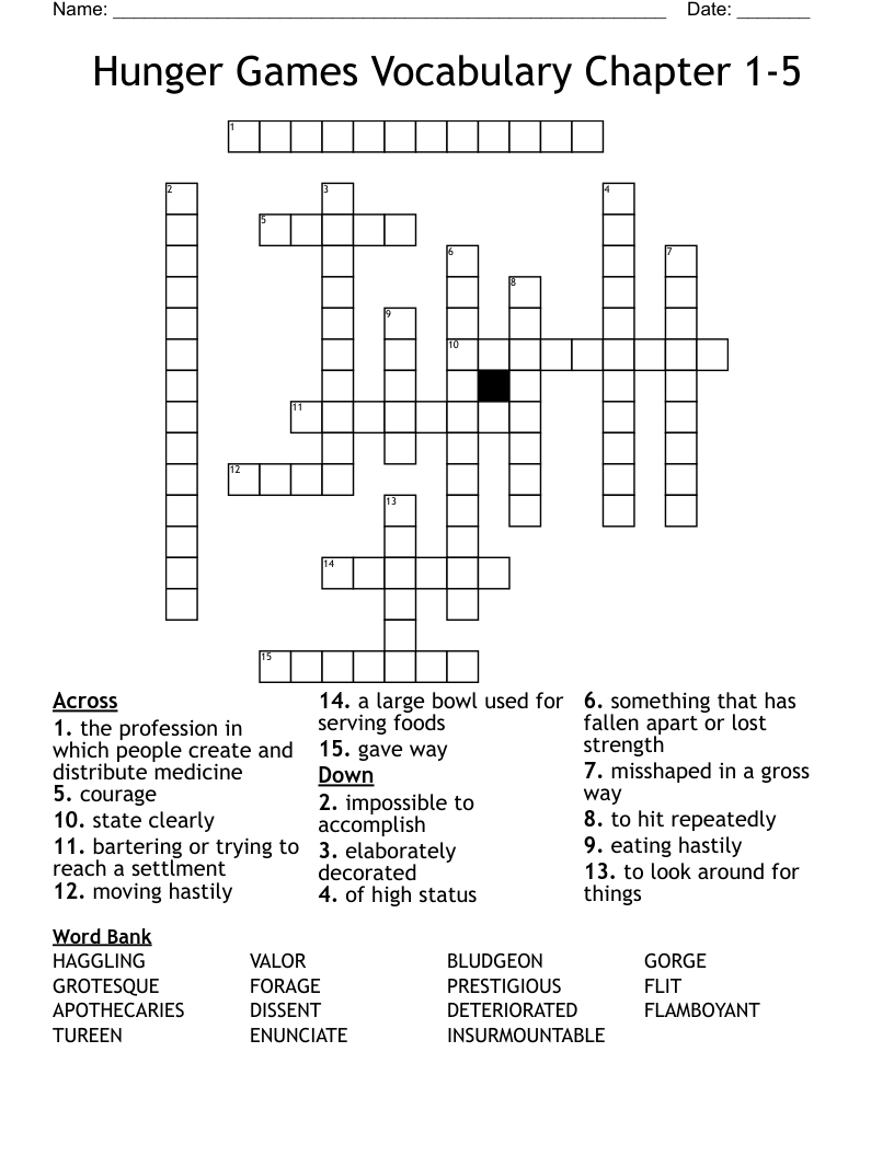 Hunger Games Vocabulary Chapter 1-5 Crossword