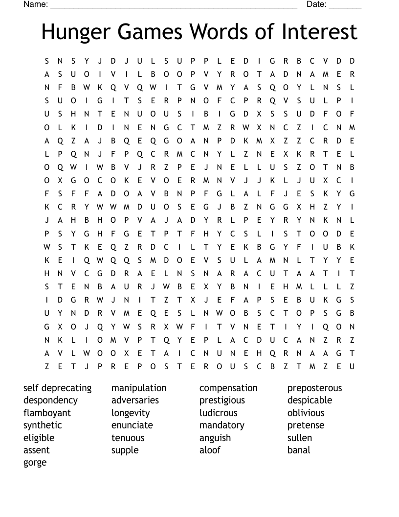 Hunger Games Words of Interest Word Search