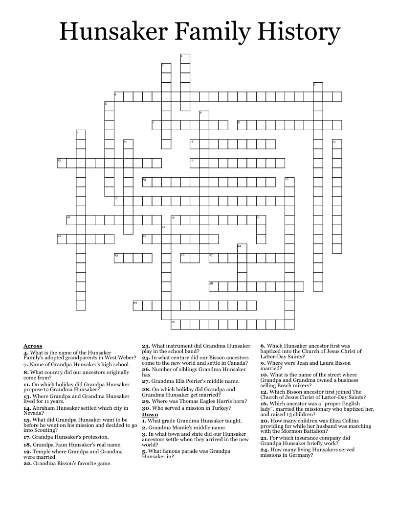 Hunsaker Family History Crossword