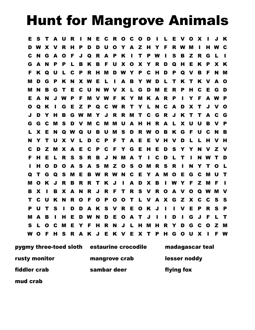 Hunt for Mangrove Animals Word Search