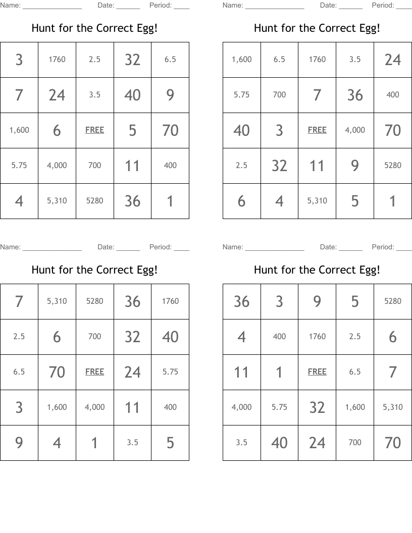 Hunt for the Correct Egg! Bingo Cards