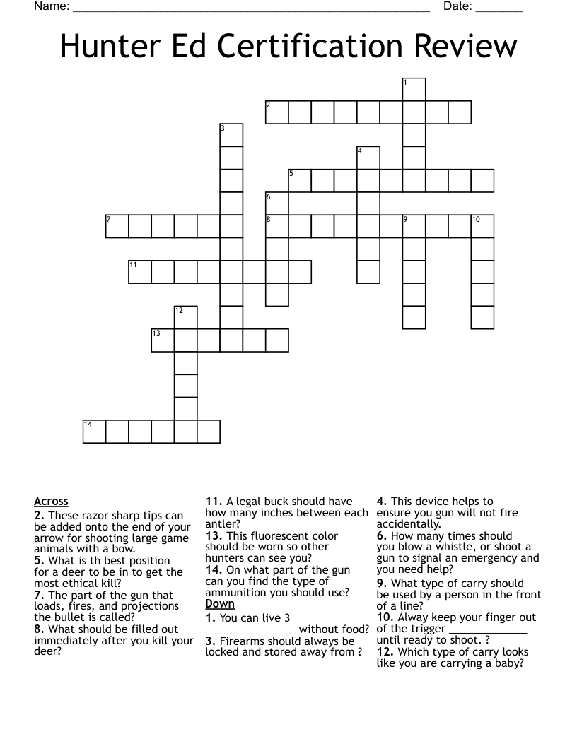 Hunter Ed Certification Review Crossword