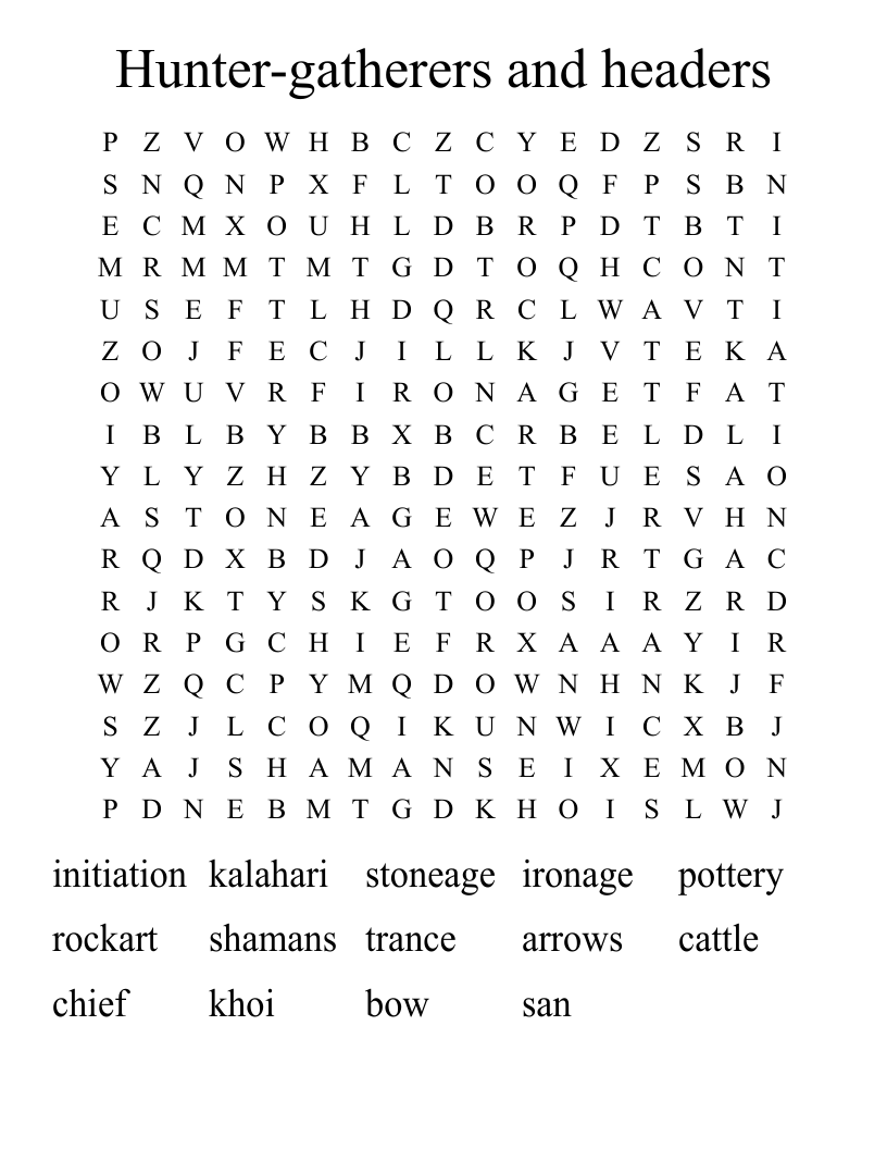Hunter-gatherers  and headers  Word Search
