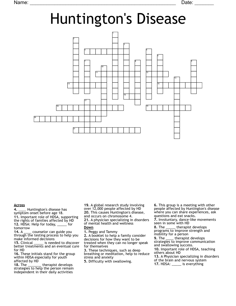 Huntington's Disease Crossword