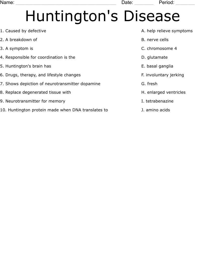 Huntington's Disease Worksheet