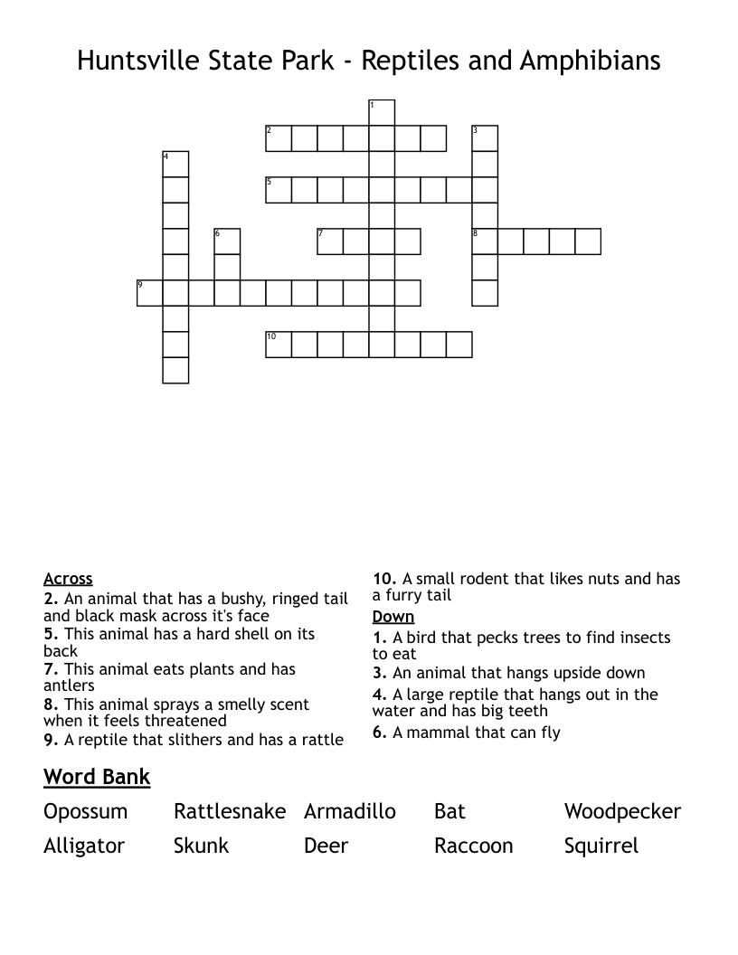 Huntsville State Park - Reptiles and Amphibians Crossword