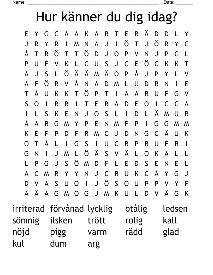Hur känner du dig idag? Word Search