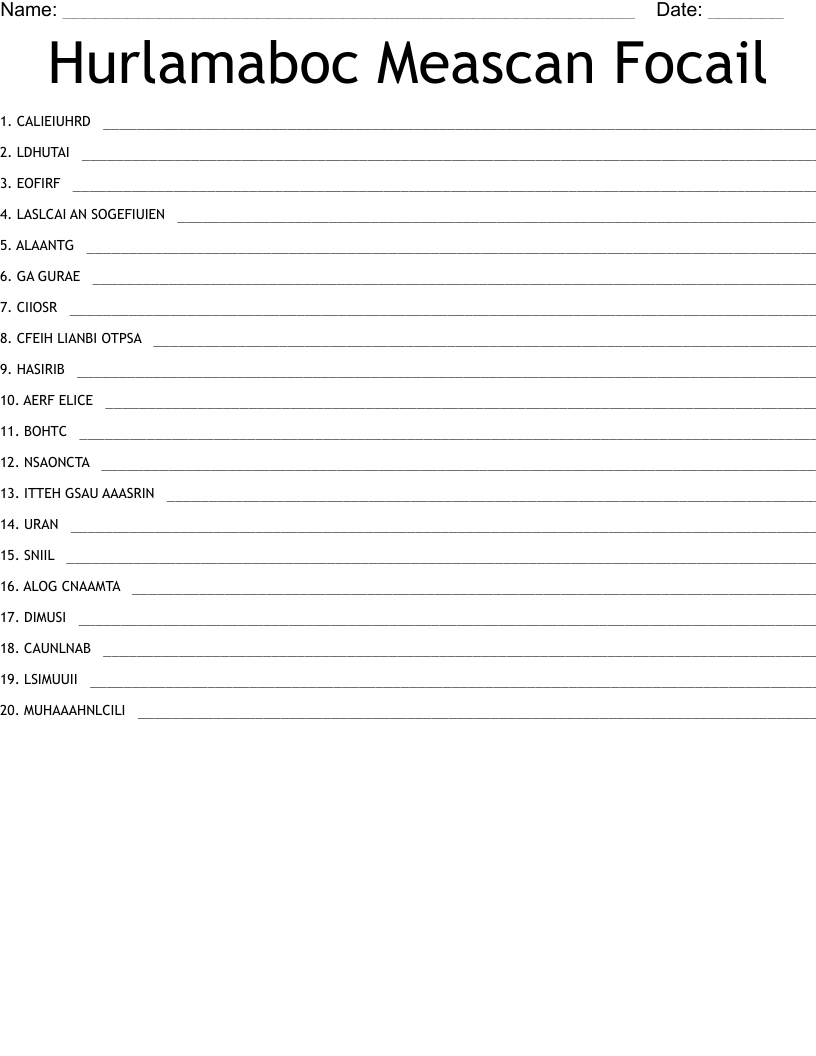 Hurlamaboc Meascan Focail Word Scramble