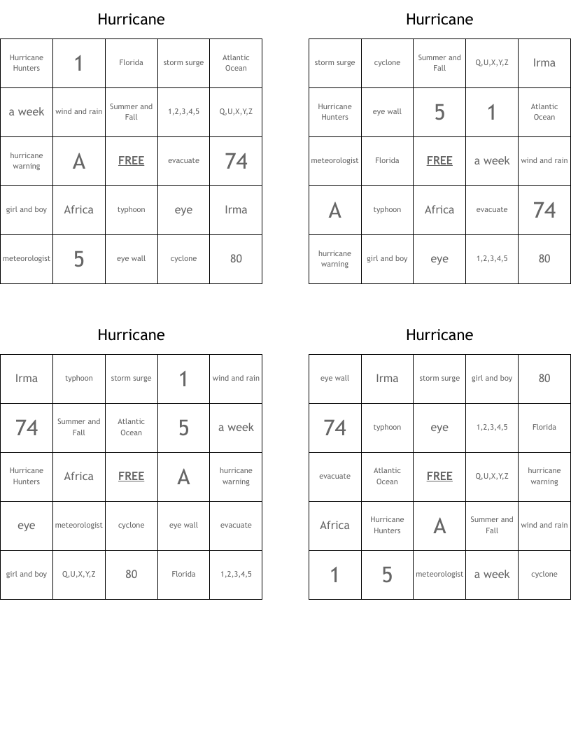 Hurricane Bingo Cards