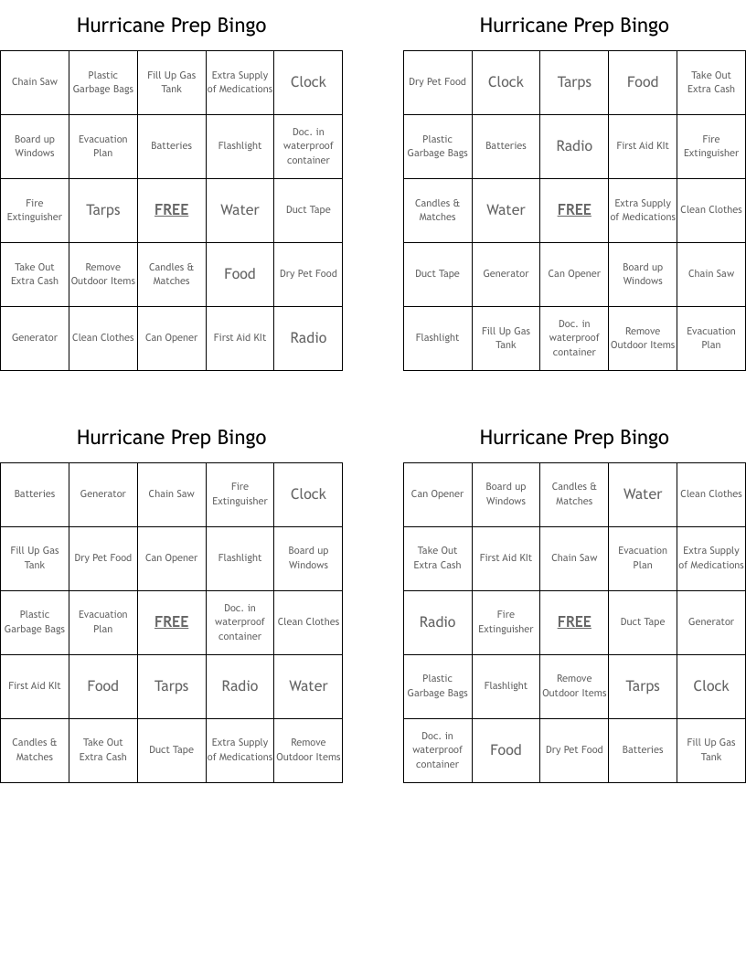 Hurricane Prep Bingo