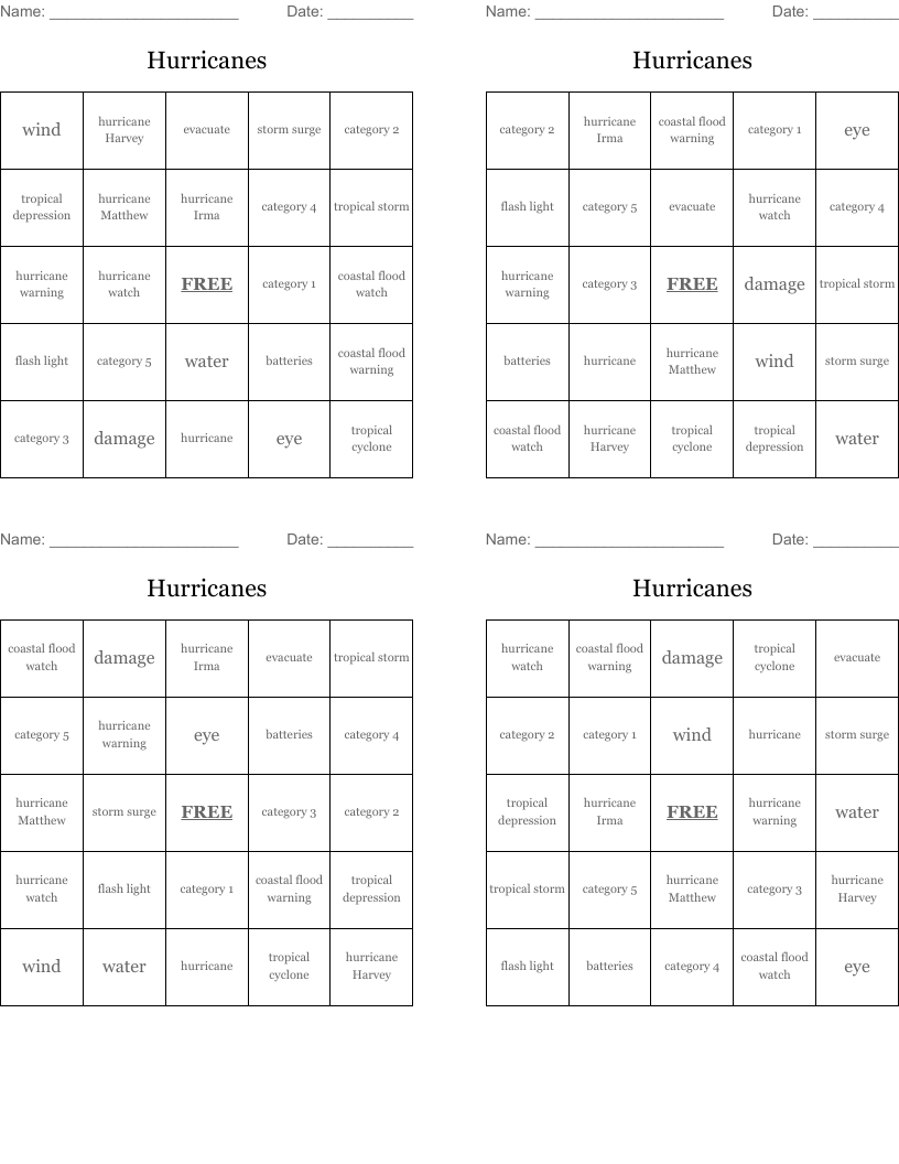 Hurricanes Bingo Cards