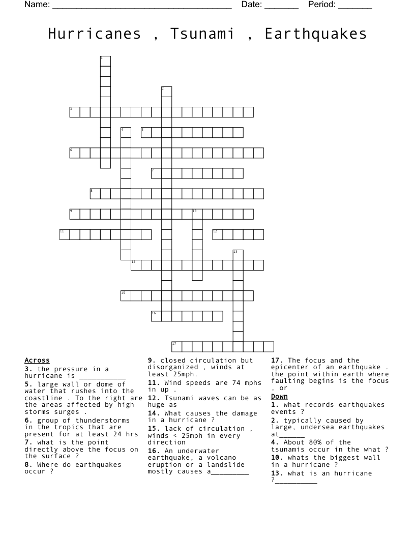 Hurricanes , Tsunami , Earthquakes  Crossword