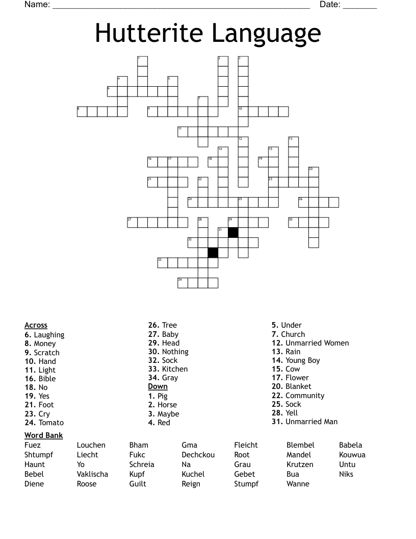 Hutterite Language Crossword