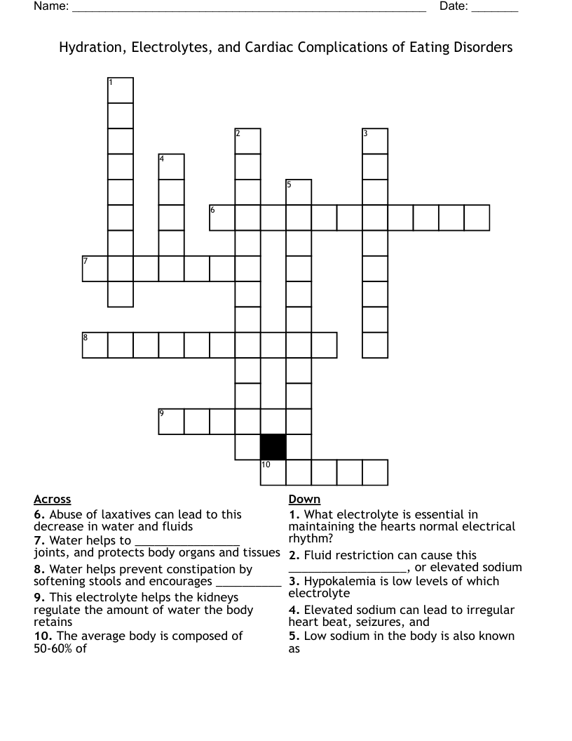 Hydration, Electrolytes, and Cardiac Complications of Eating Disorders Crossword