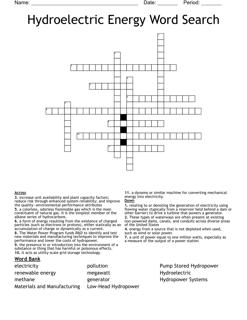 Hydroelectric Energy Word Search  Crossword