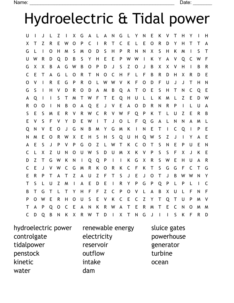 Hydroelectric & Tidal power Word Search