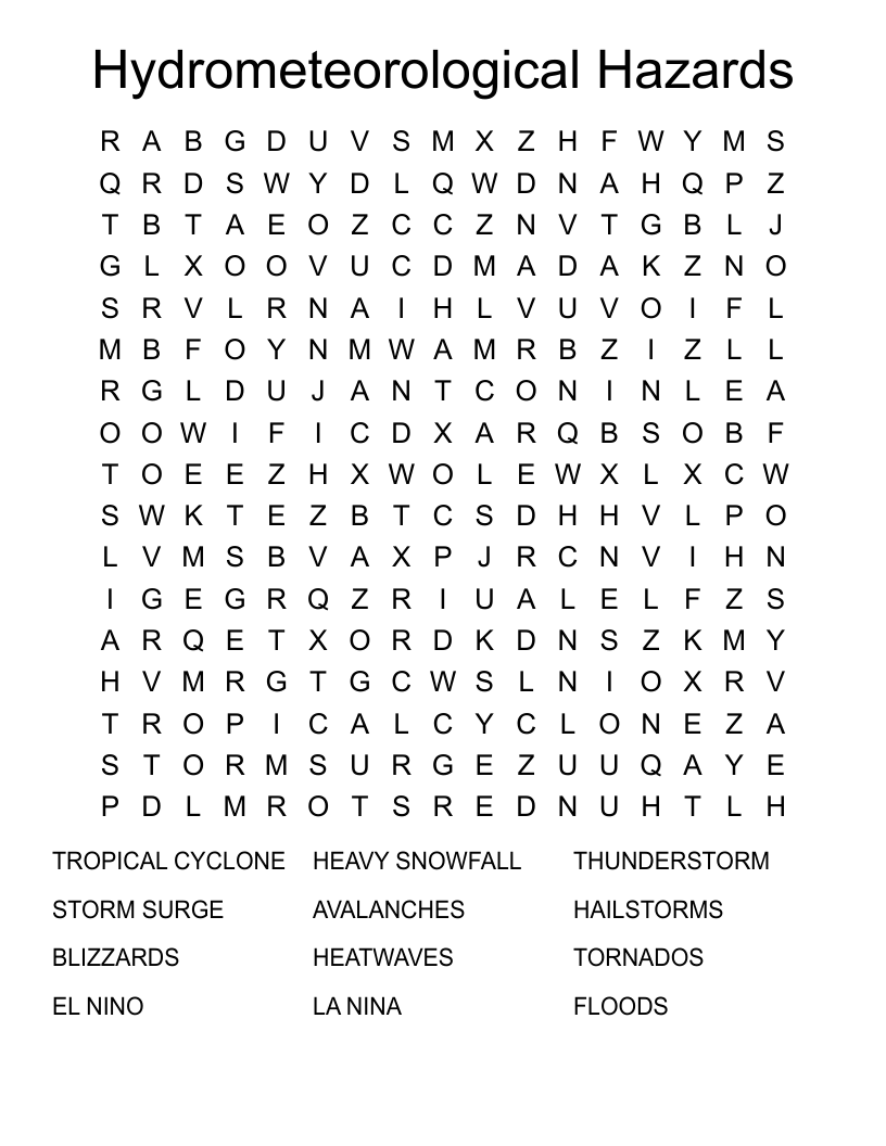 Hydrometeorological Hazards Word Search