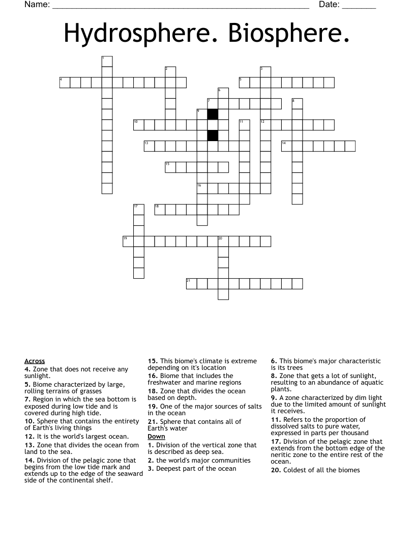 Hydrosphere. Biosphere. Crossword