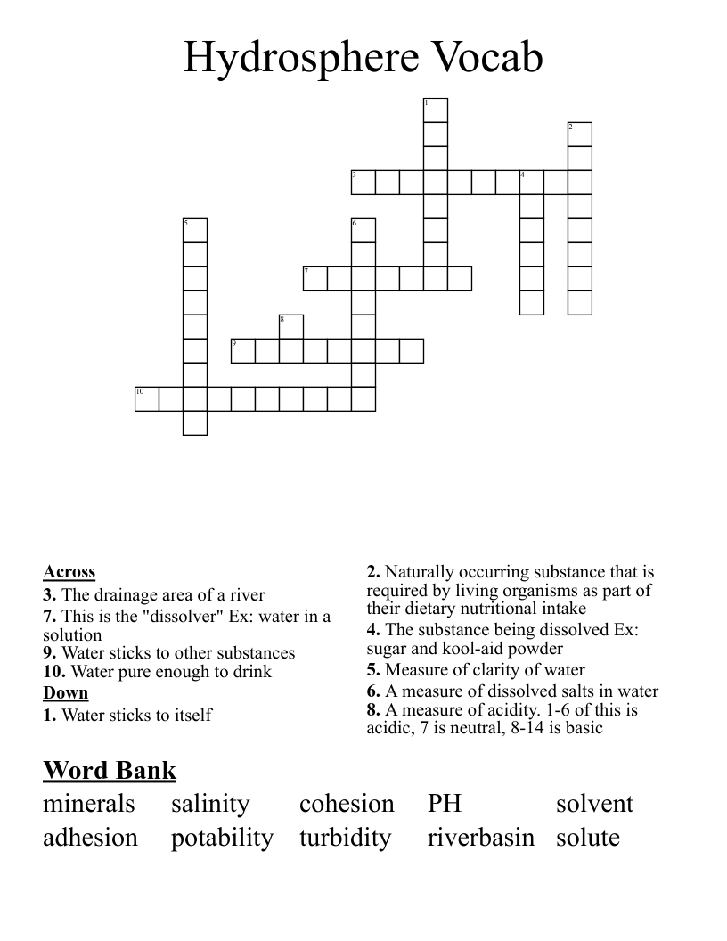 Hydrosphere Vocab Crossword