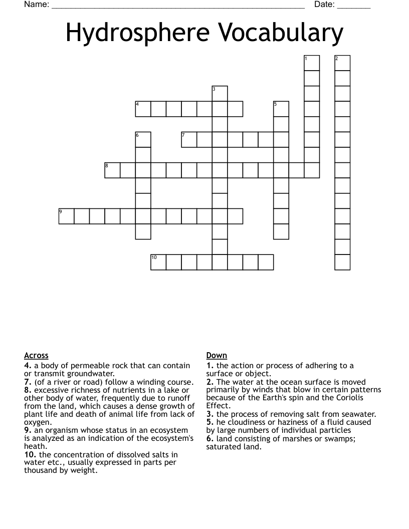 Hydrosphere Vocabulary Crossword