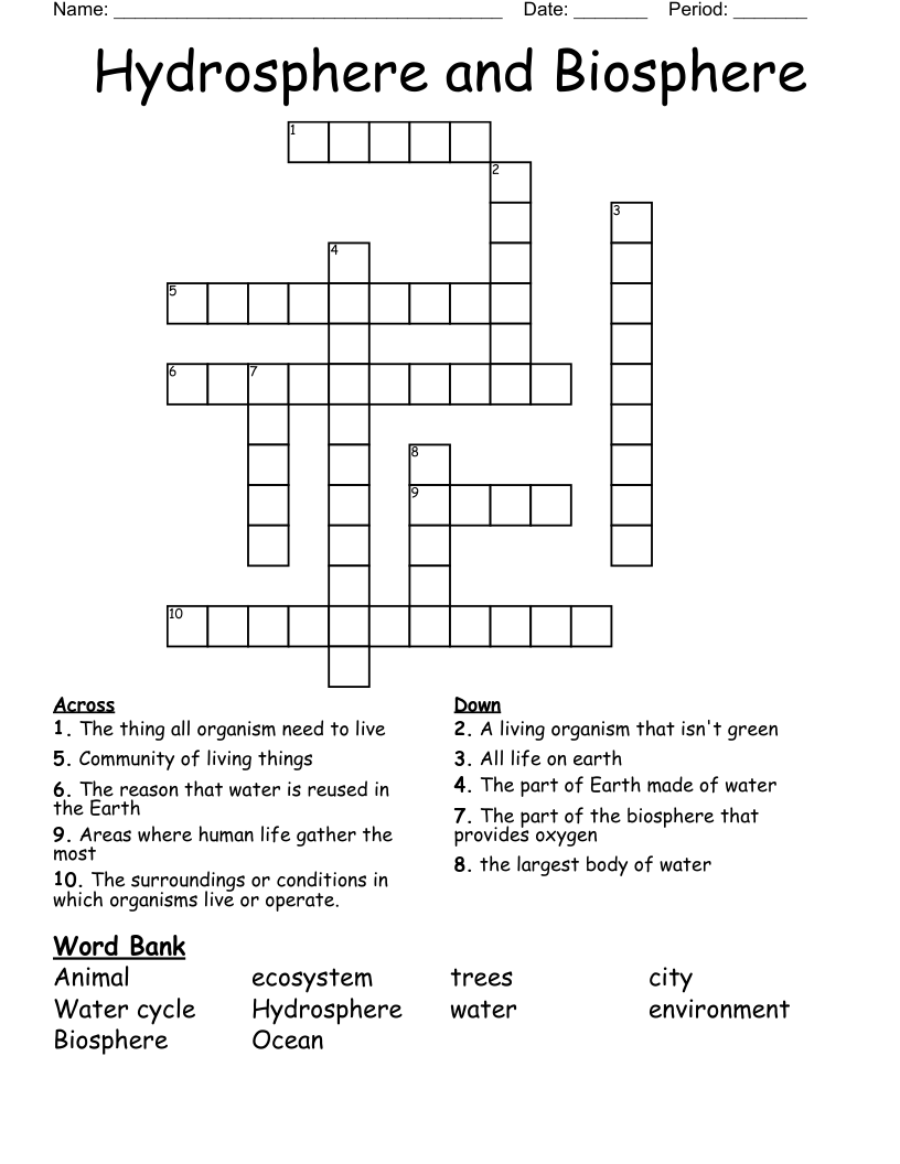 Hydrosphere and Biosphere Crossword