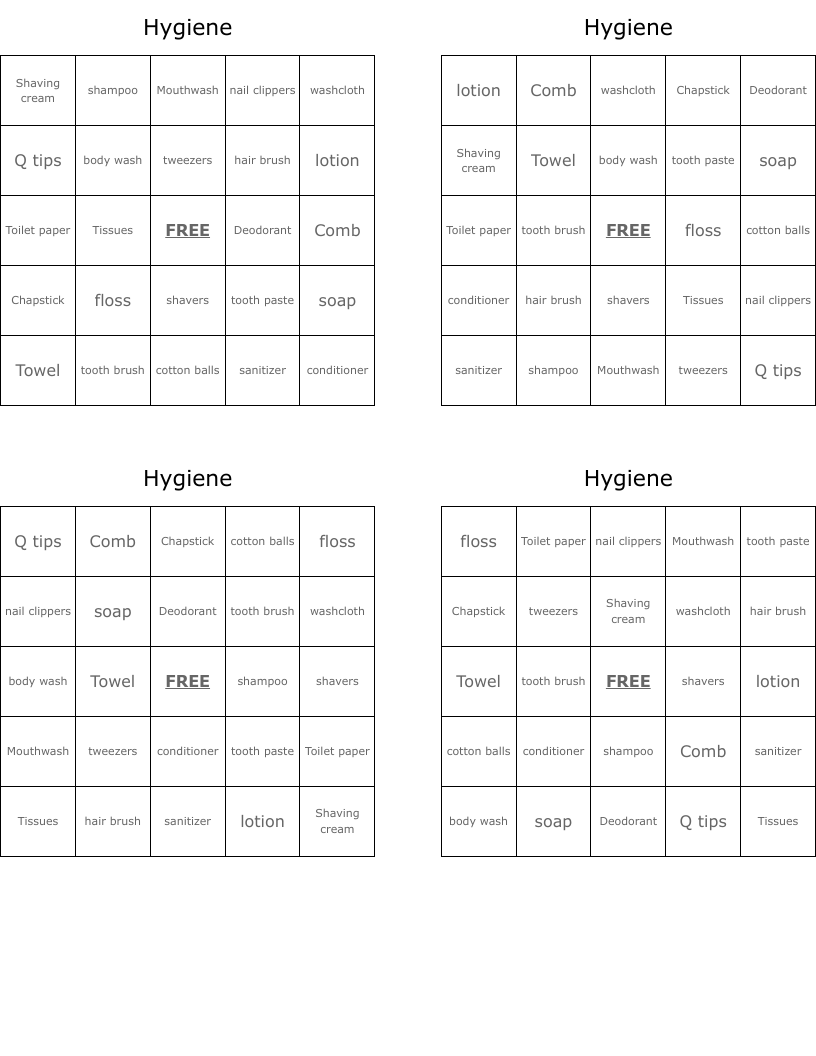 Hygiene Bingo Cards