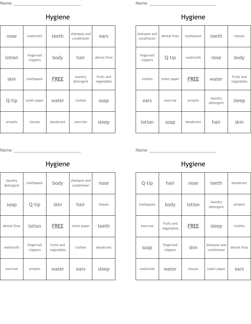 Hygiene Bingo Cards