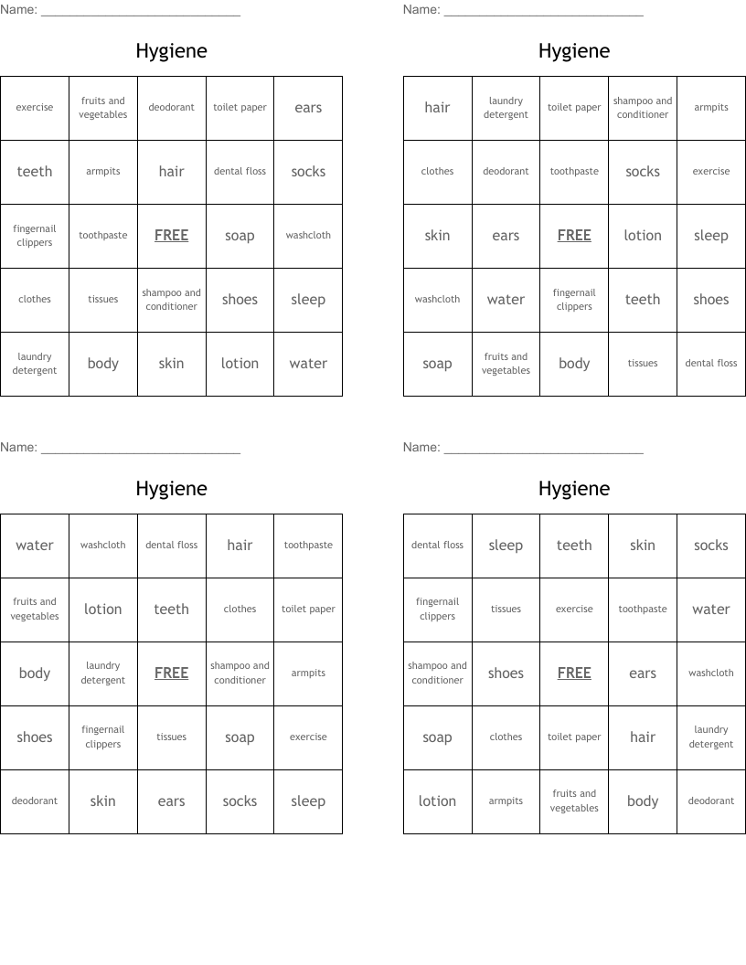 Hygiene Bingo Cards