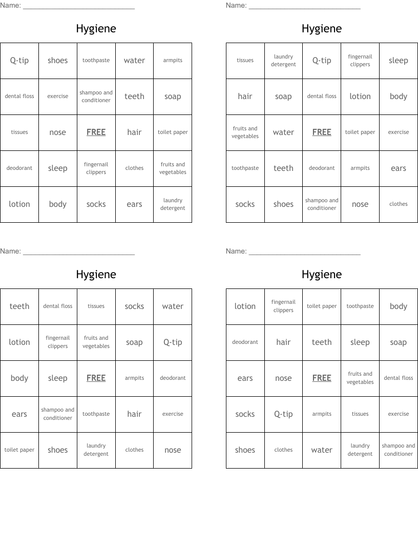 Hygiene Bingo Cards