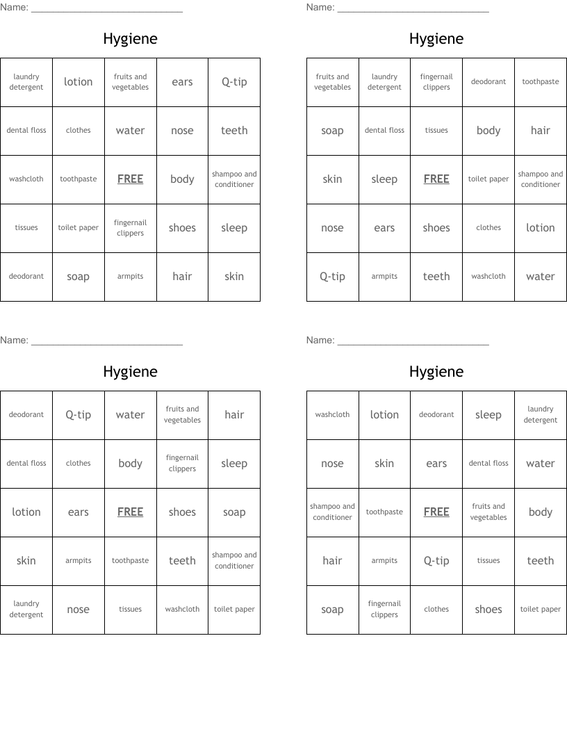 Hygiene Bingo Cards