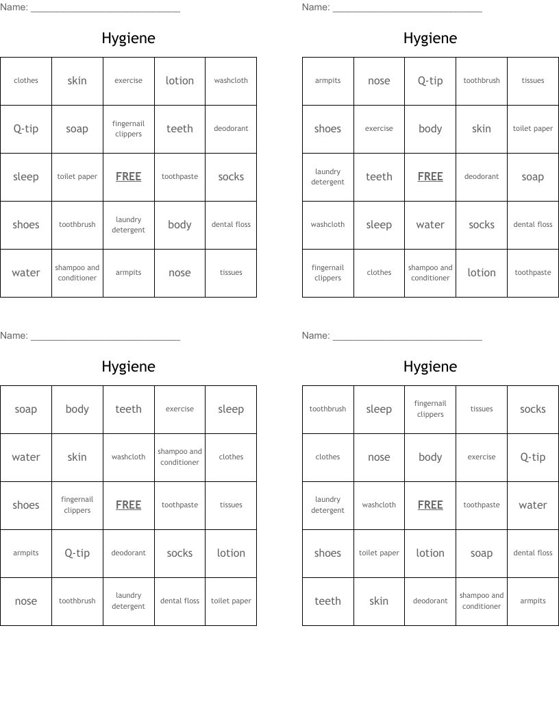 Hygiene Bingo Cards