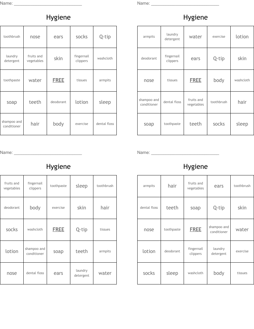 Hygiene Bingo Cards