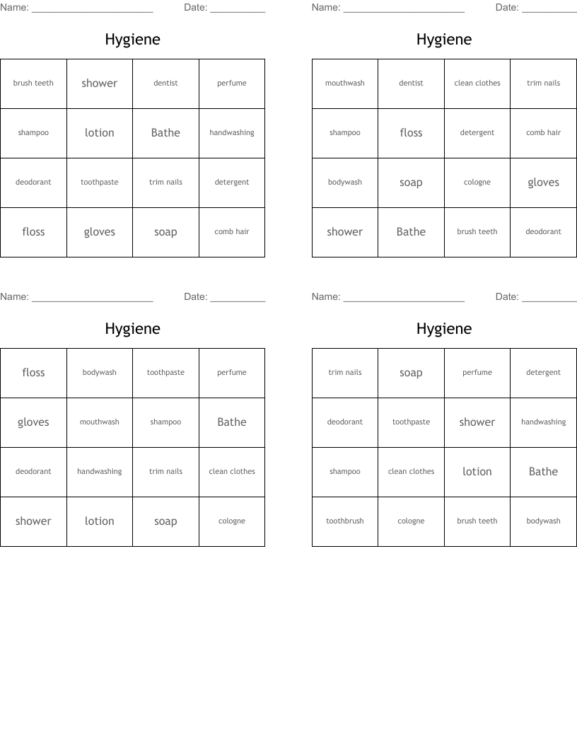 Hygiene Bingo Cards