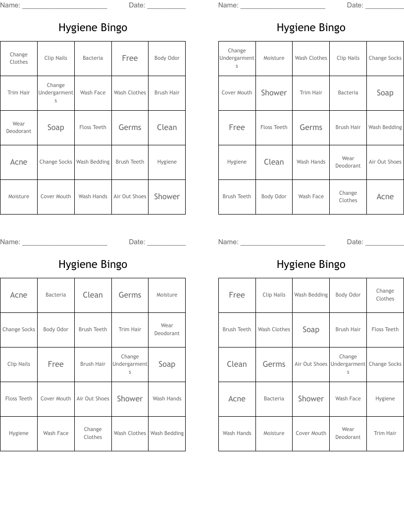 Hygiene Bingo