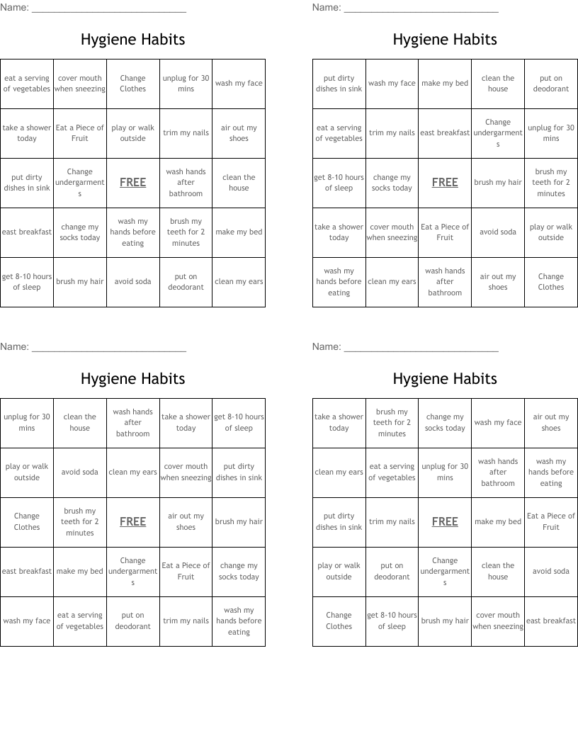 Hygiene Habits  Bingo Cards
