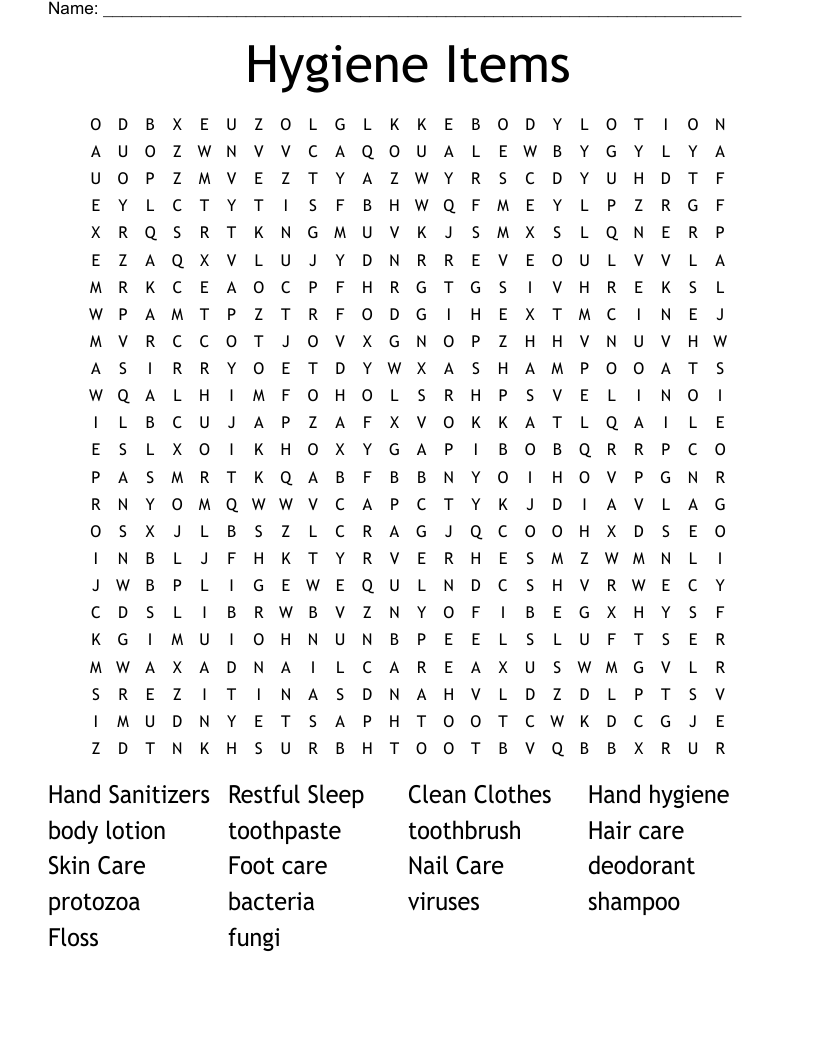 Hygiene Items  Word Search