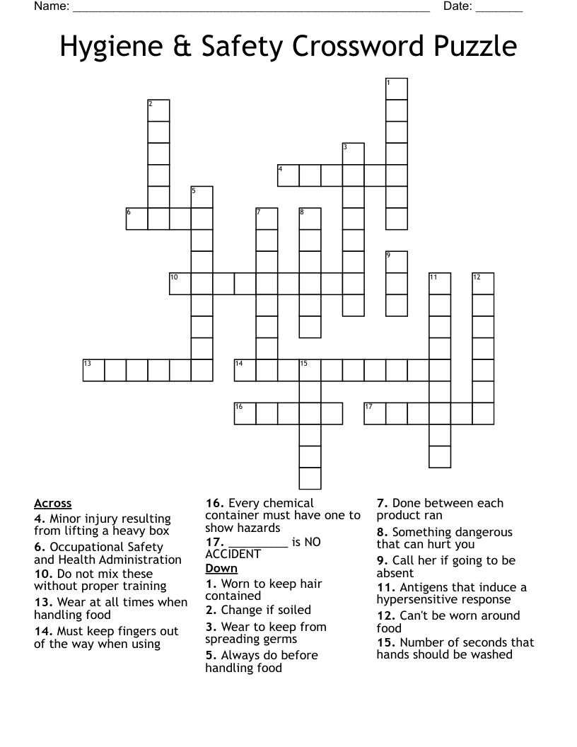 Hygiene & Safety Crossword Puzzle