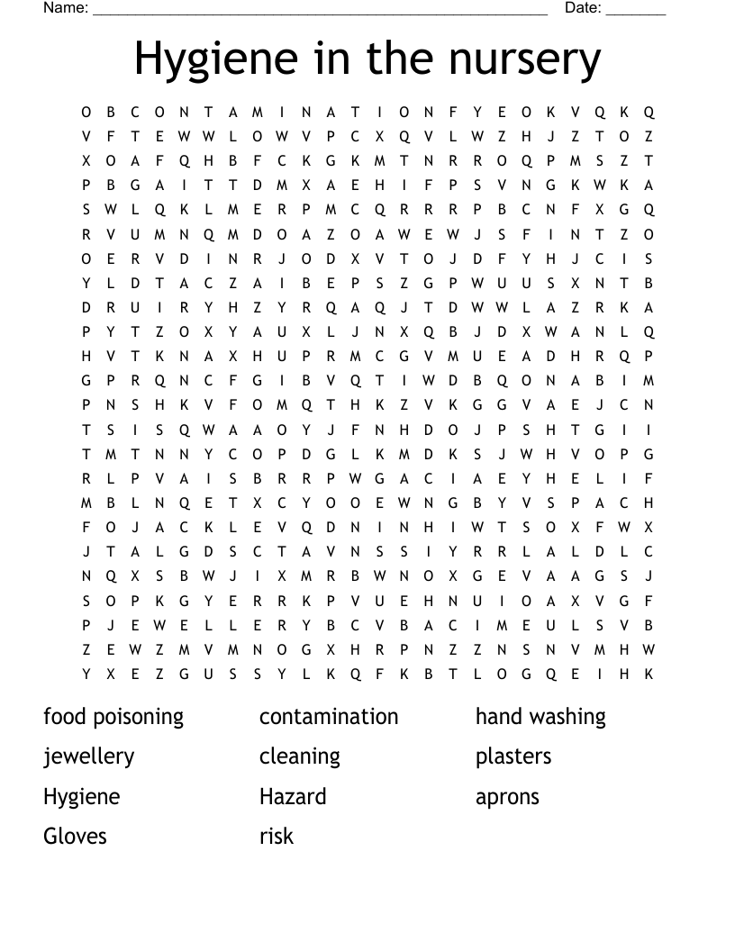 Hygiene in the nursery  Word Search