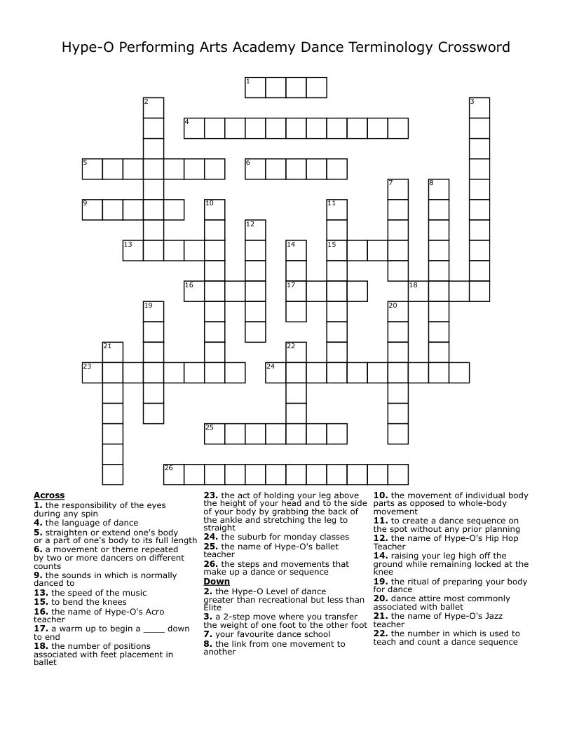 Hype-O Performing Arts Academy Dance Terminology Crossword 