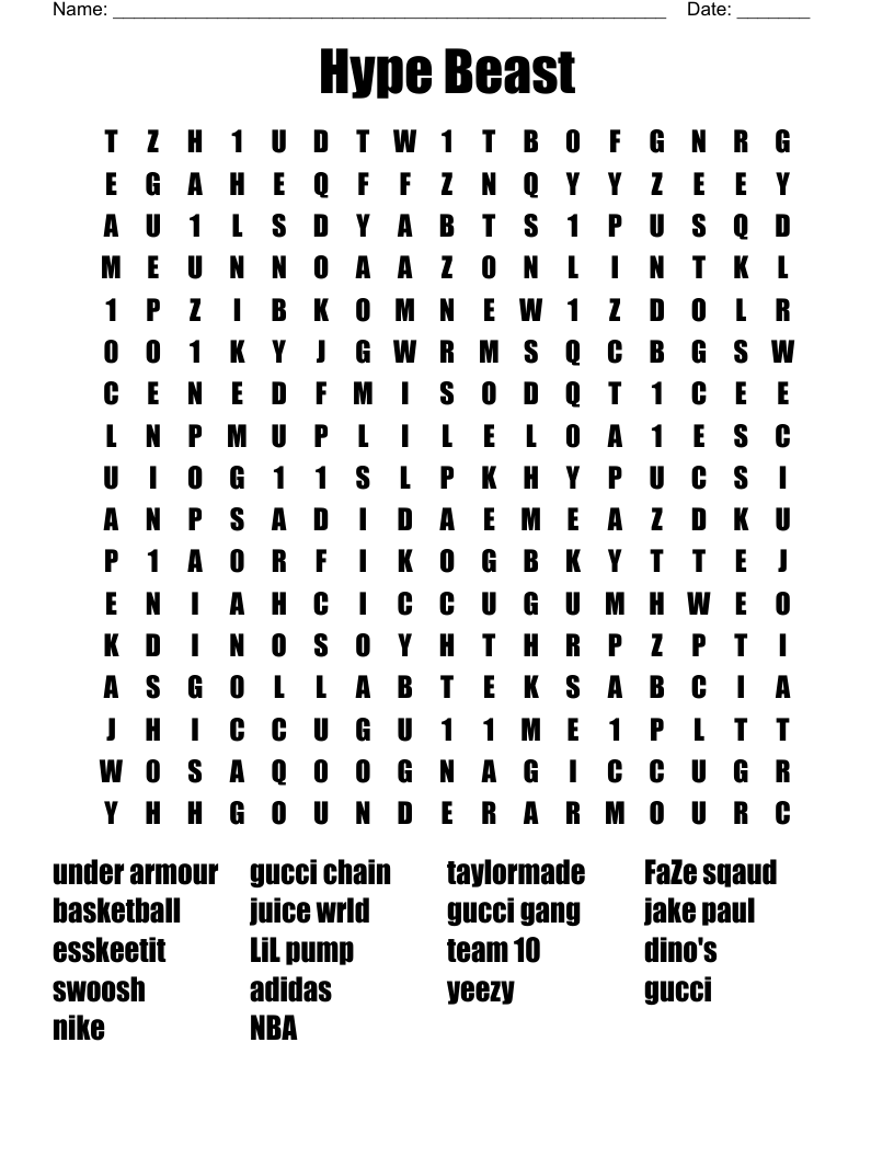 Hype Beast Word Search