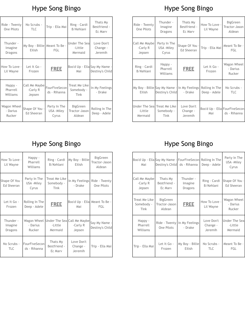 Hype Song Bingo