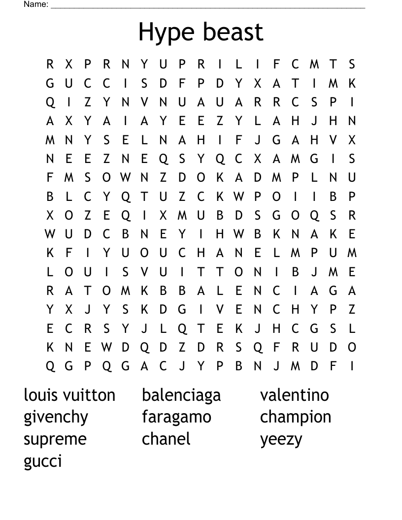 Hype beast Word Search