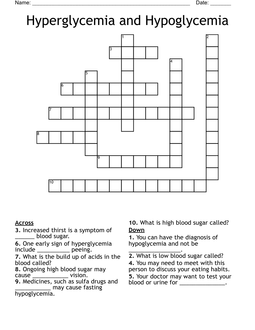 Hyperglycemia and Hypoglycemia Crossword