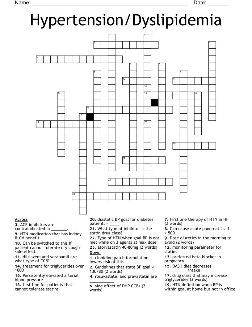 Hypertension/Dyslipidemia Crossword