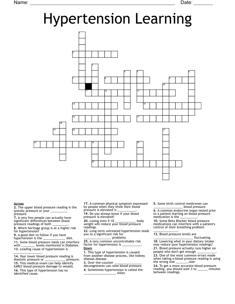 Hypertension Learning Crossword