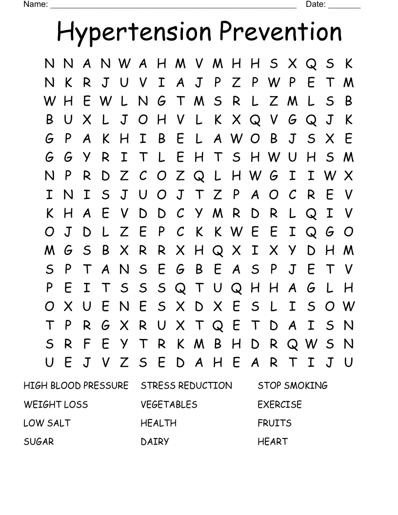 Hypertension Prevention Word Search